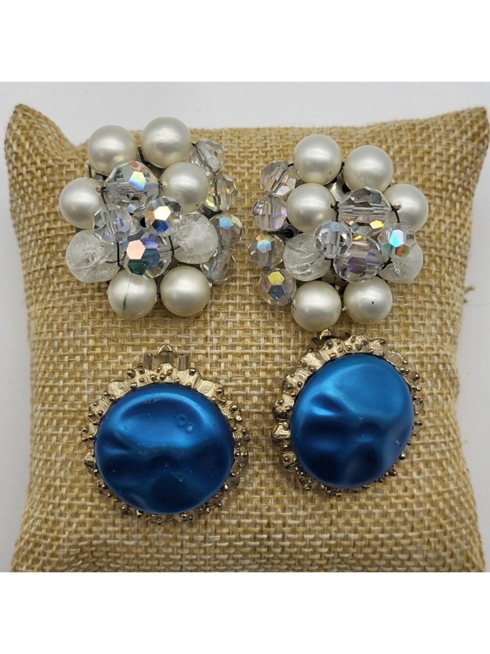 Lovely vintage Clip earrings lot of 2 rhinestone beaded & bold blue Estate
